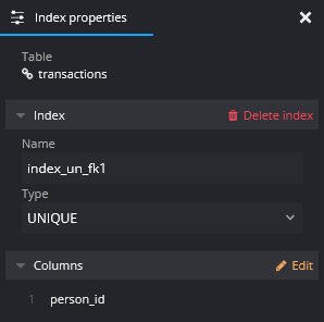 creating an index - property editing panel
